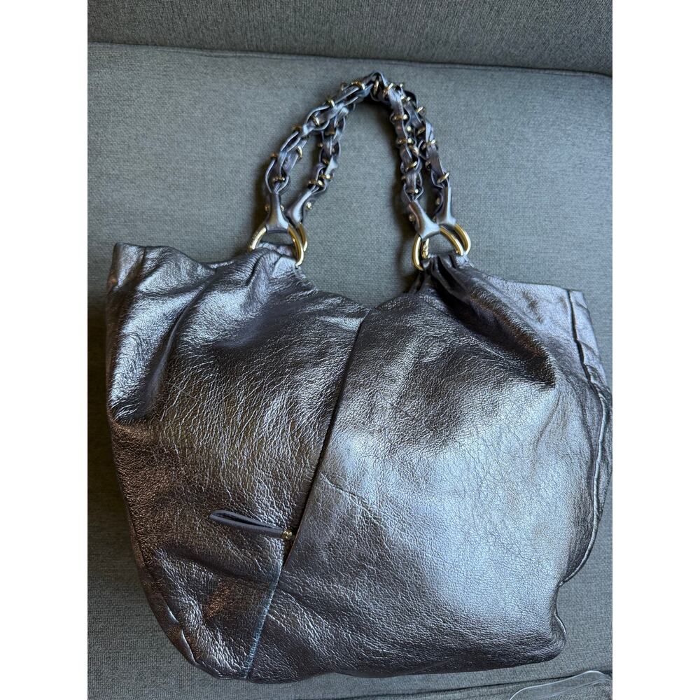 Elliot Lucca Silver Metallic Leather Shoulder Handbag Gold Braided Handles Boho - Picture 14 of 15